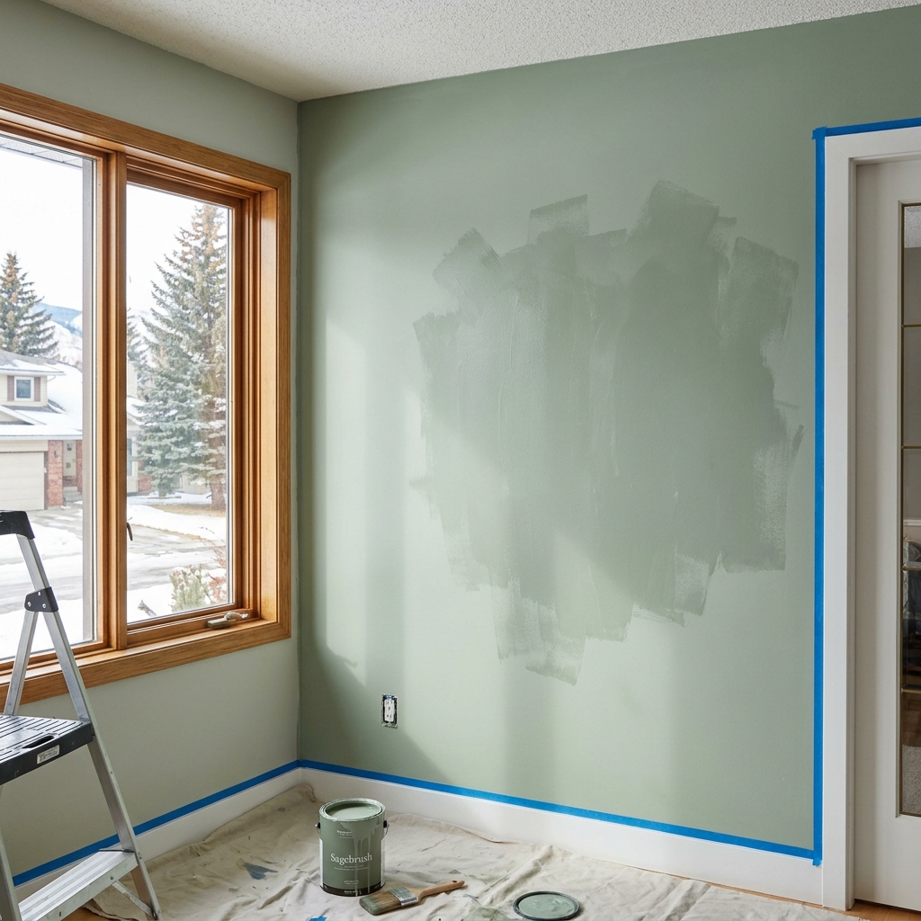 A close-up of a painter's brush and trim brush in a St. Albert home, mid-project, color swatches on the wall, attention to detail, fine finish atmosphere